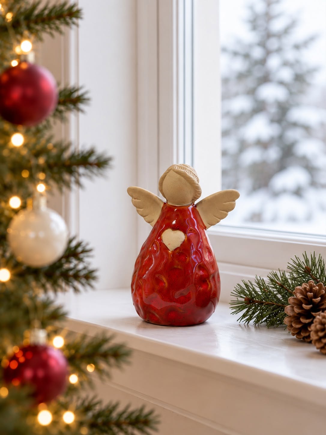 Engel aus Keramik – rot und beige