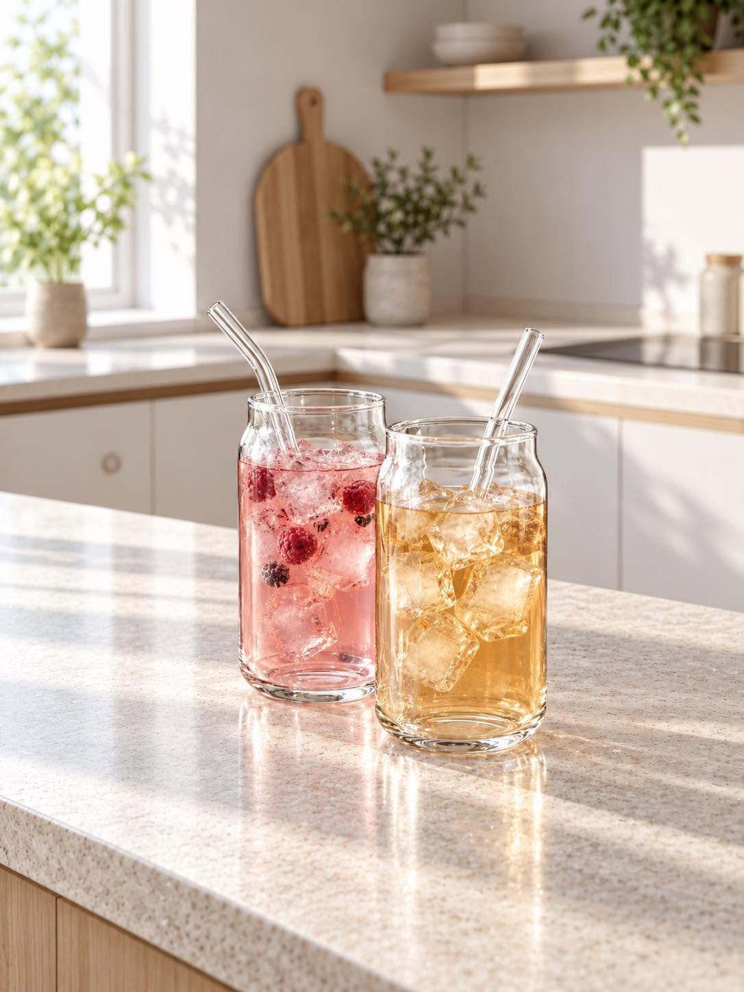 Set mit 2 Trinkgläsern mit Strohhalmen