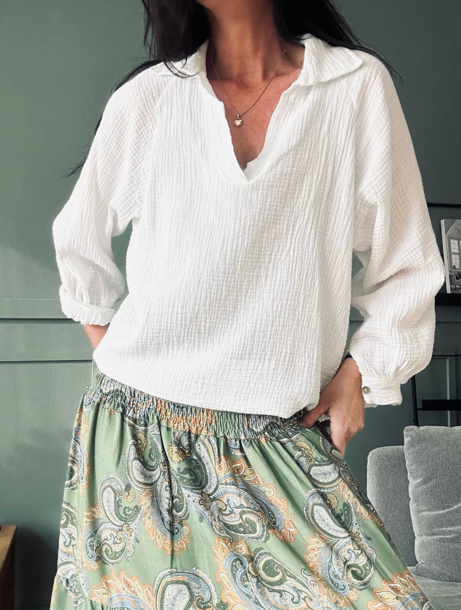 Bluse ALBA in gewaffelter Baumwolle – Weiß