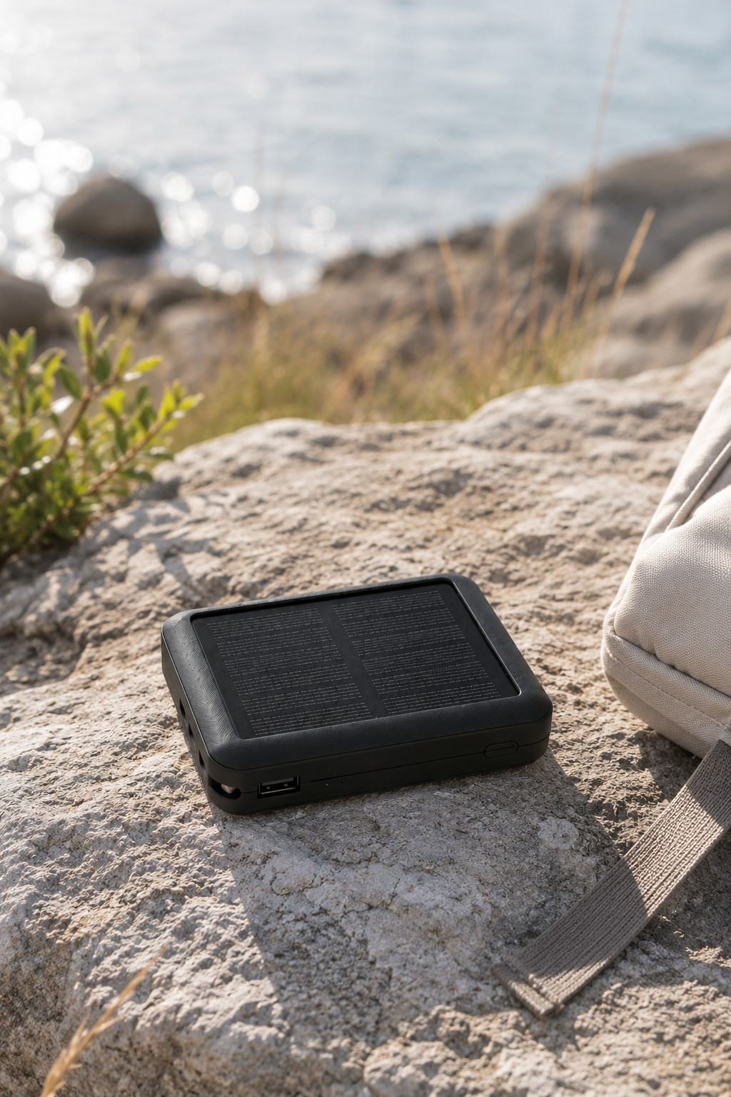 Mini Solar Powerbank mit Kabeln, 10.000 mAh