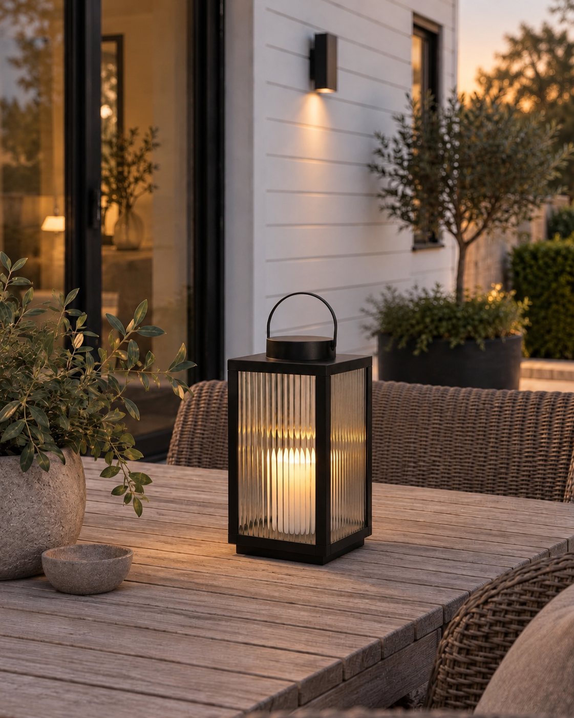 Laterne Nordic mit Blockkerze und Timer