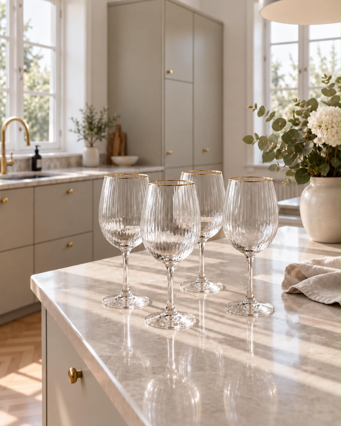 Weingläser Rotwein gerillt mit Goldrand - 4 Stk