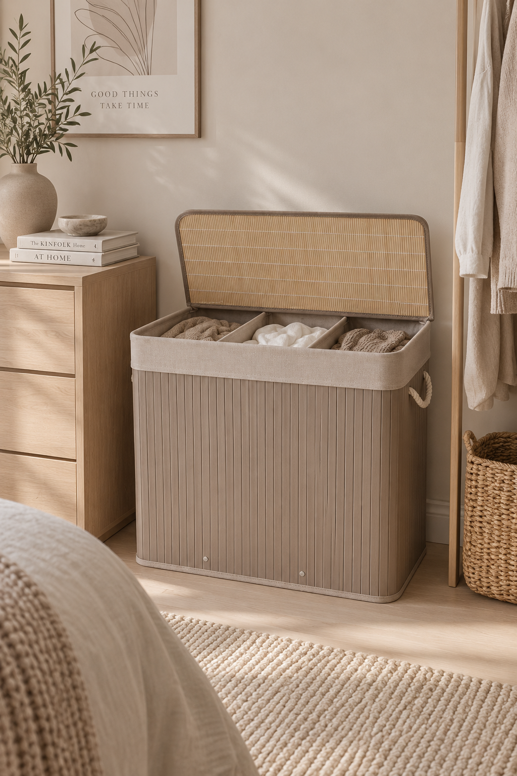Wäschekorb Beige – Bambus mit drei Fächern