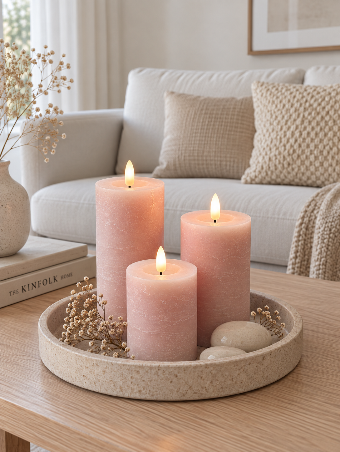 LED Blockkerzen / Rosa – 3 Stk Rustikale Kerzen