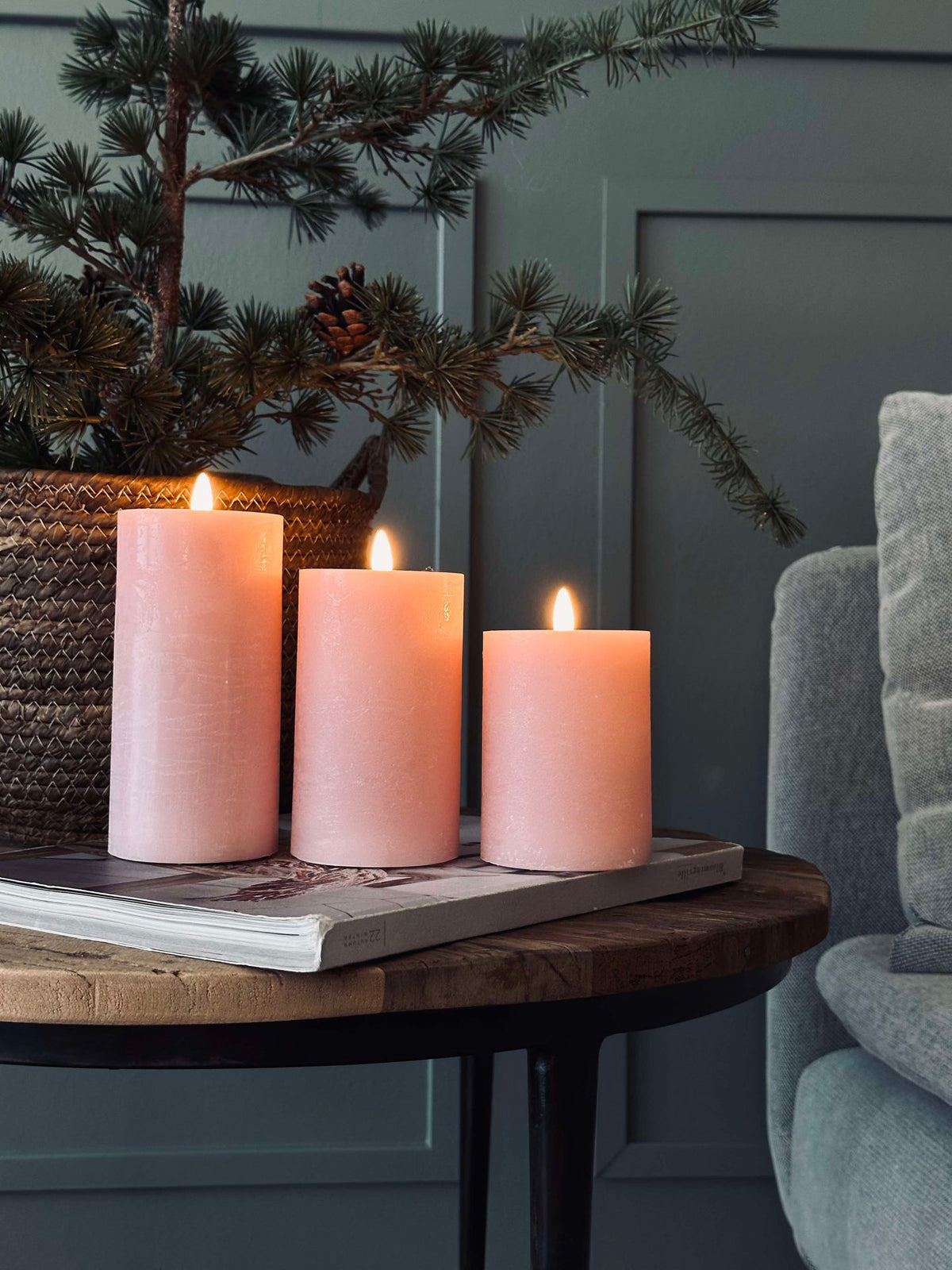 LED Blockkerzen / Rosa – 3 Stk Rustikale Kerzen