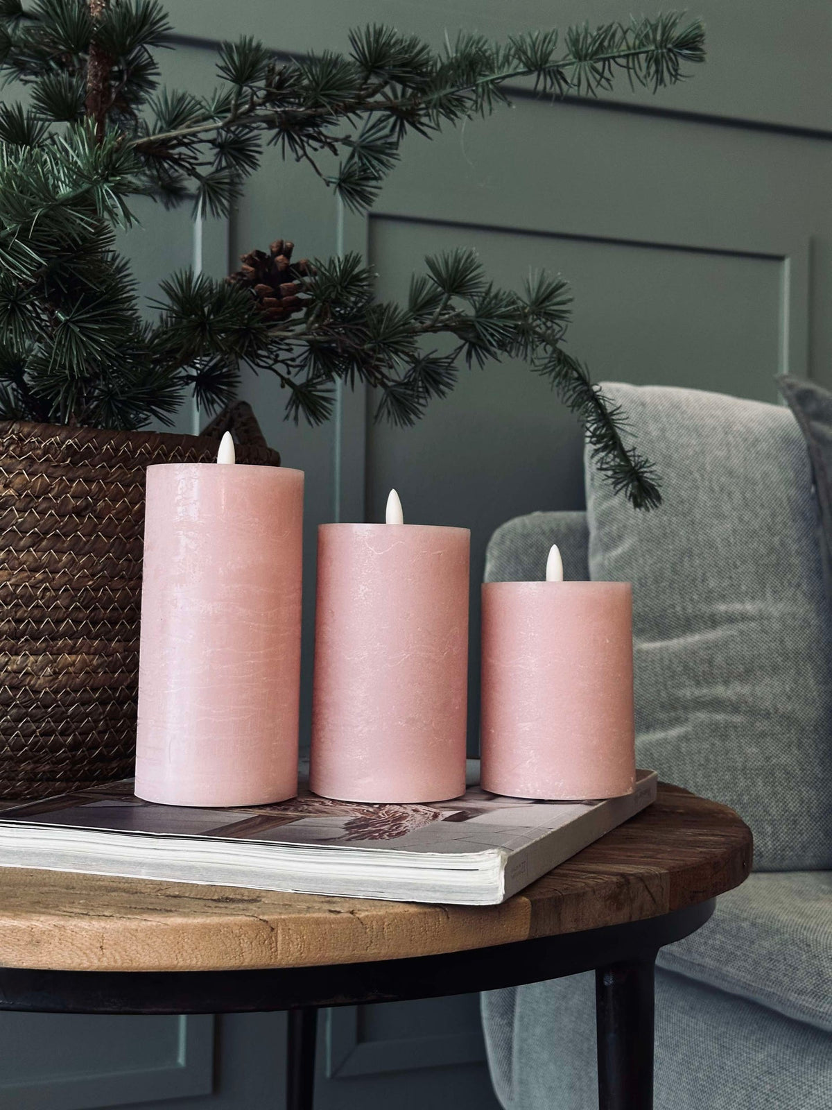 LED Blockkerzen / Rosa – 3 Stk Rustikale Kerzen