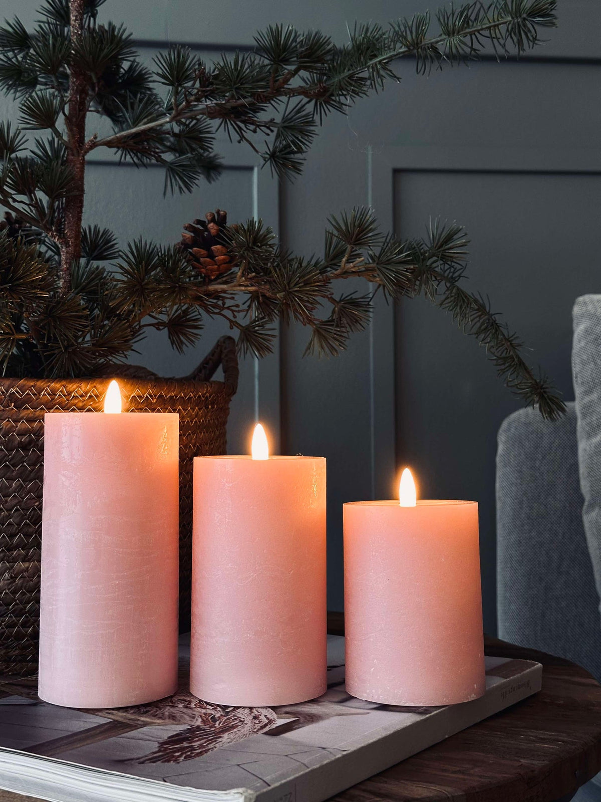 LED Blockkerzen / Rosa – 3 Stk Rustikale Kerzen
