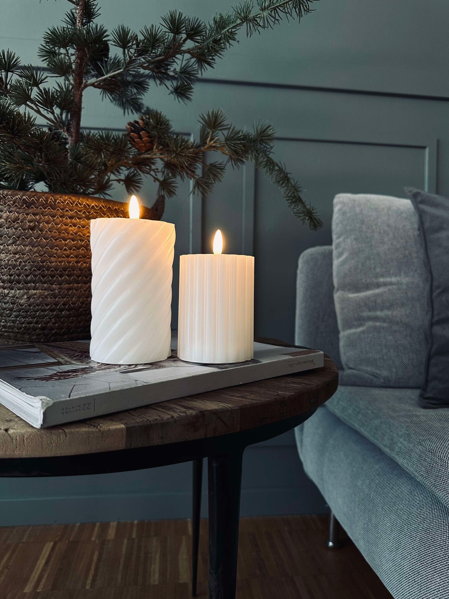 LED-Blockkerzen / Design – 2 Stk. Weiß gestreift
