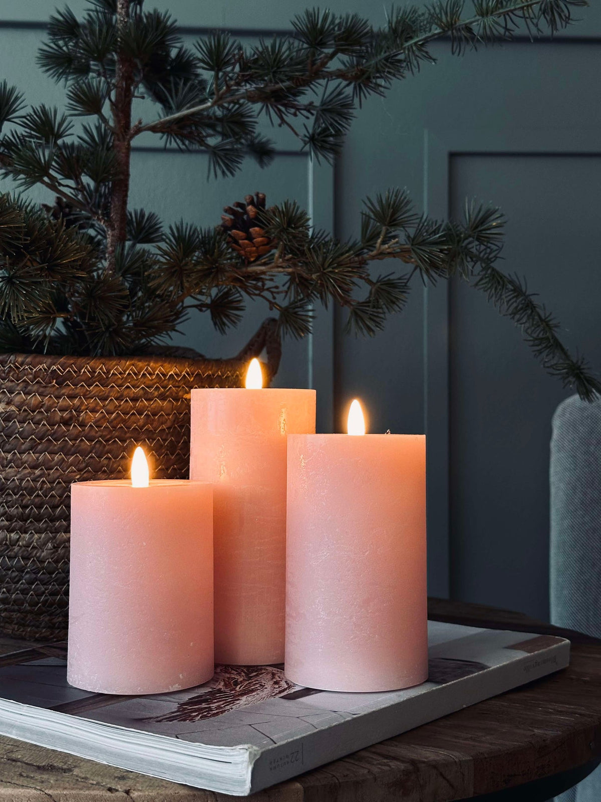LED Blockkerzen / Rosa – 3 Stk Rustikale Kerzen