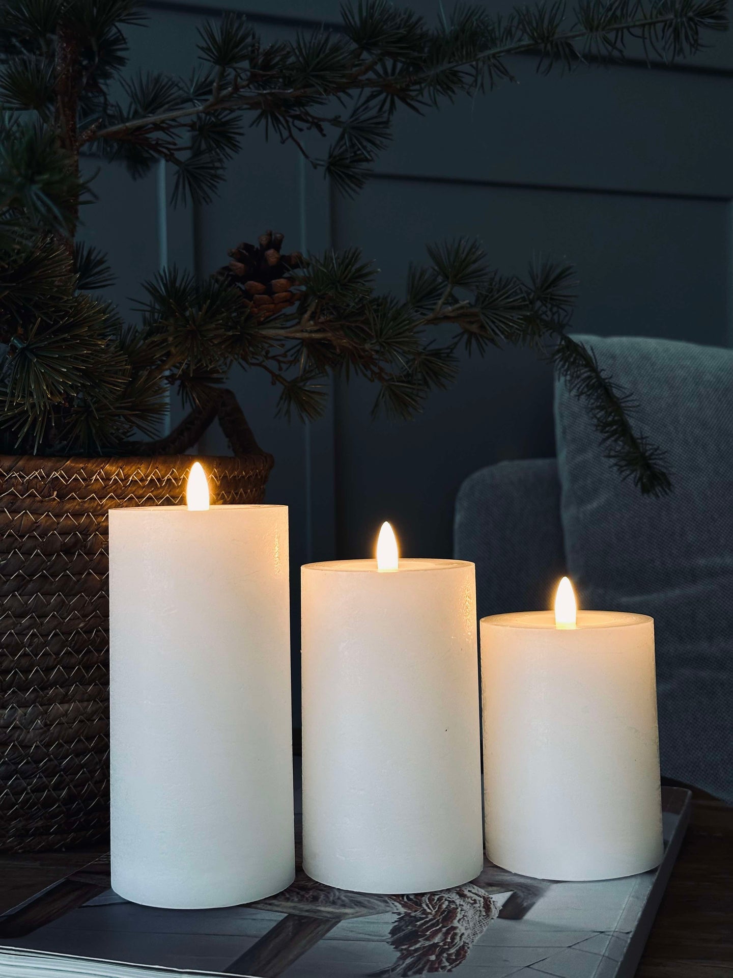 LED-Blockkerzen / Weiß rustikal – 3 Stk.
