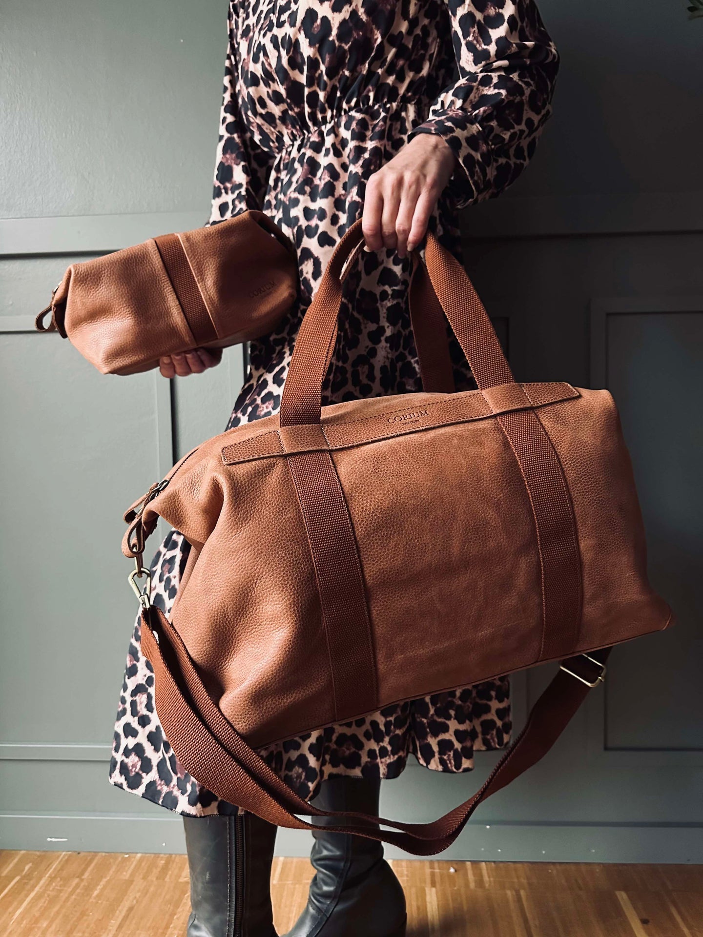 Geschenkset Weekender mit Kulturtasche - Cognac