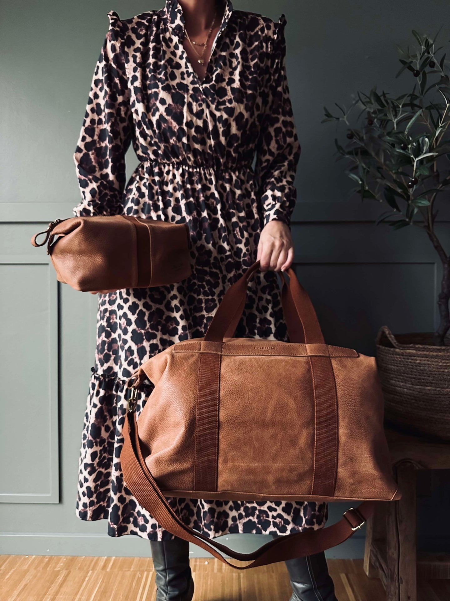Geschenkset Weekender mit Kulturtasche - Cognac