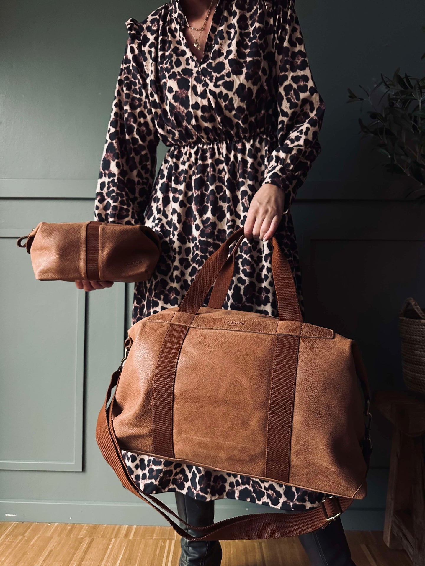 Geschenkset Weekender mit Kulturtasche - Cognac