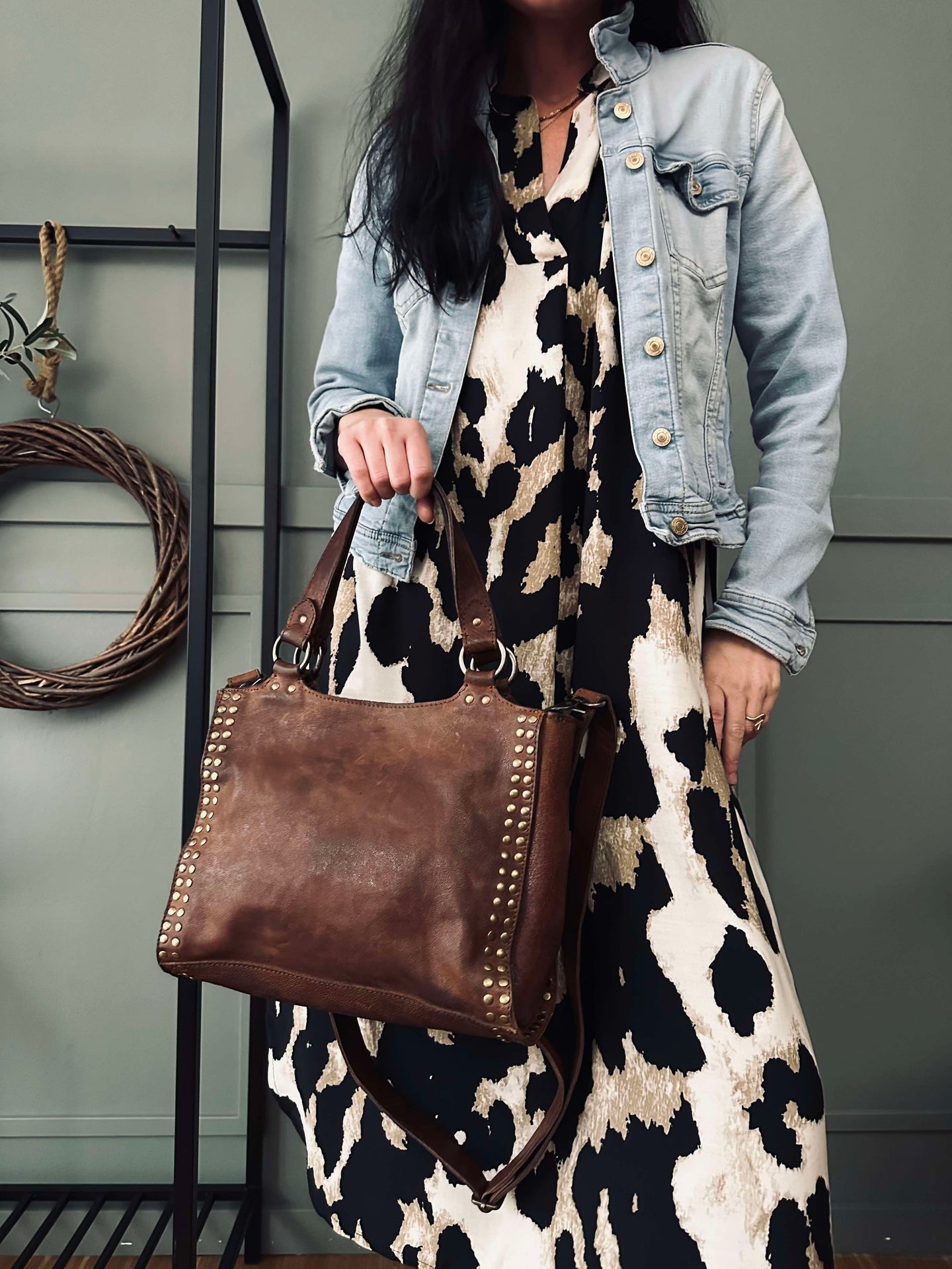 Arbeitstasche mit Nieten - Vintage Cognac