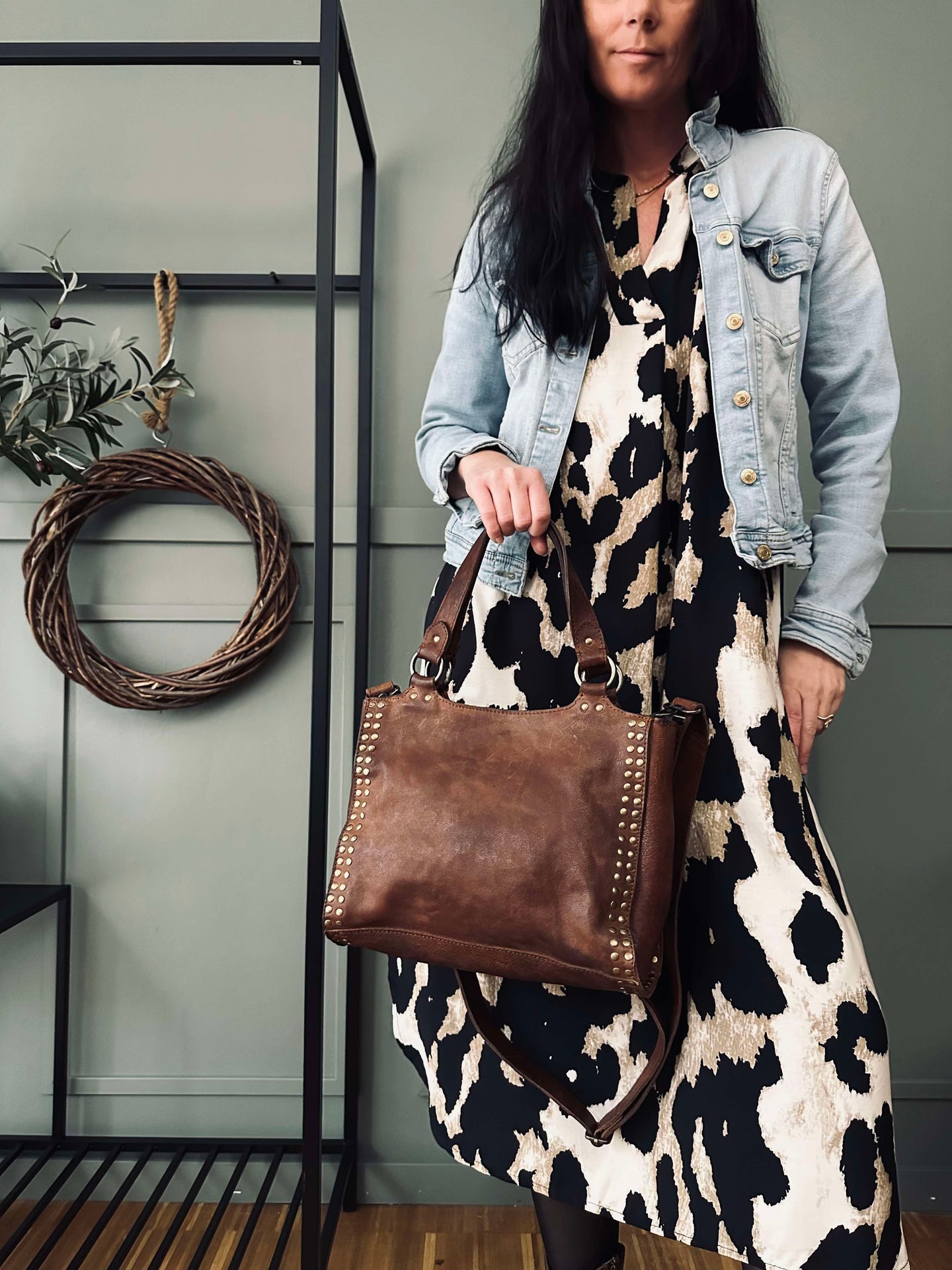 Arbeitstasche mit Nieten - Vintage Cognac