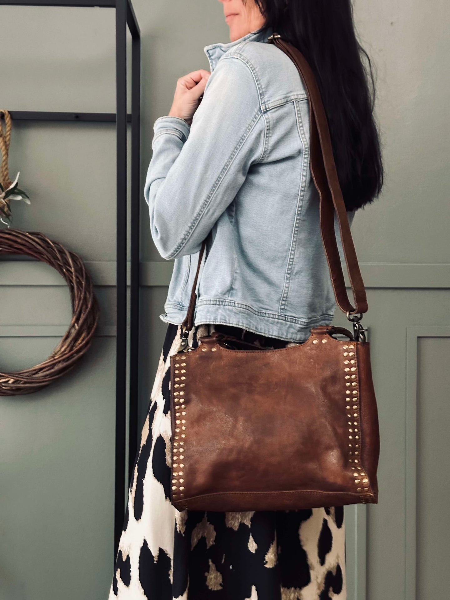 Arbeitstasche mit Nieten - Vintage Cognac