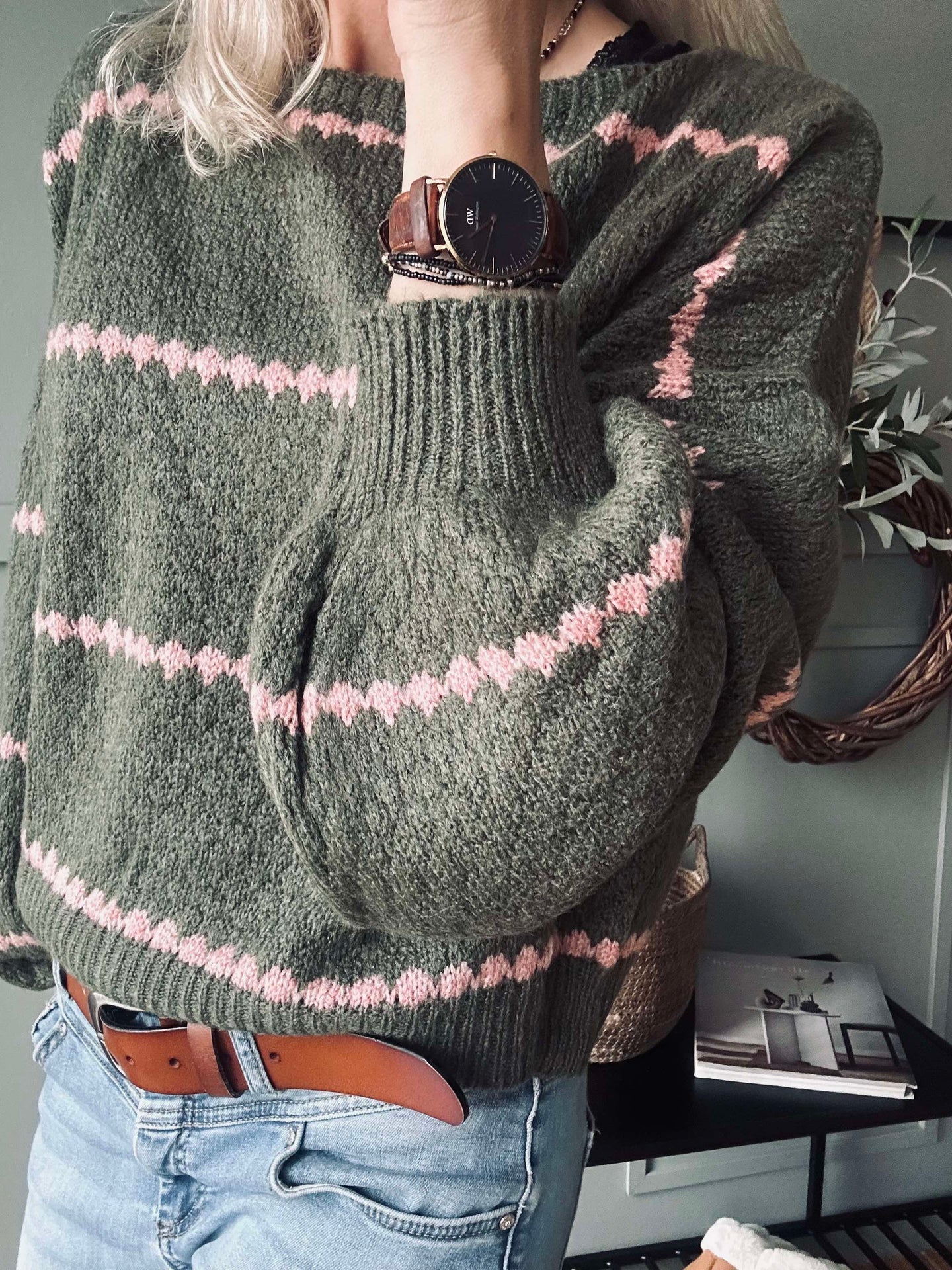 Strick mit Ballonärmeln - Green / Rosa
