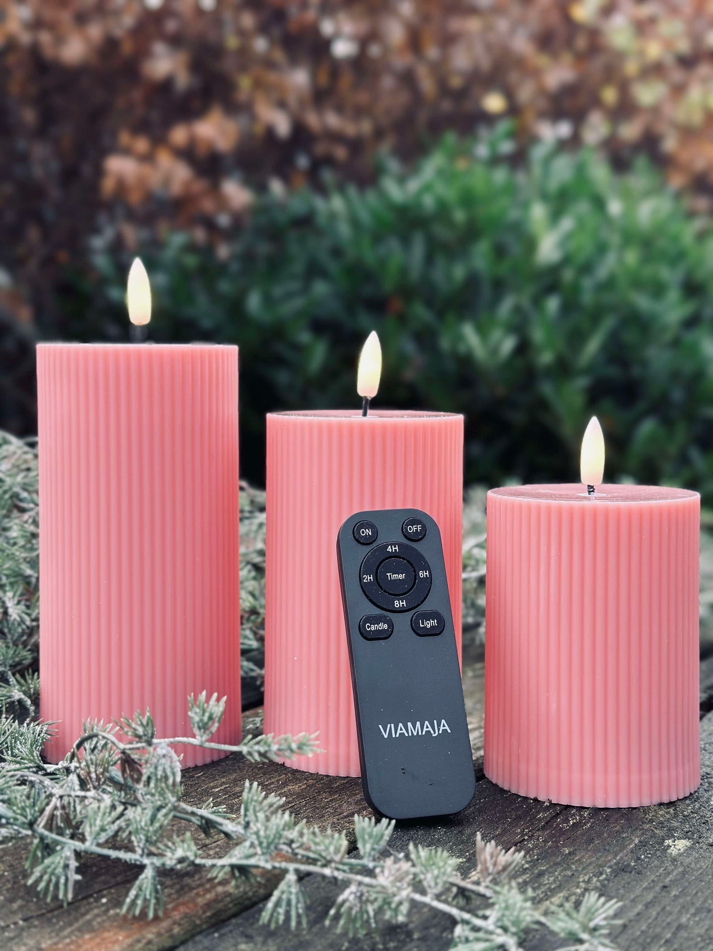 LED Außen-Blockkerzen mit Rillen - Set mit 3 Stk. - Rosa