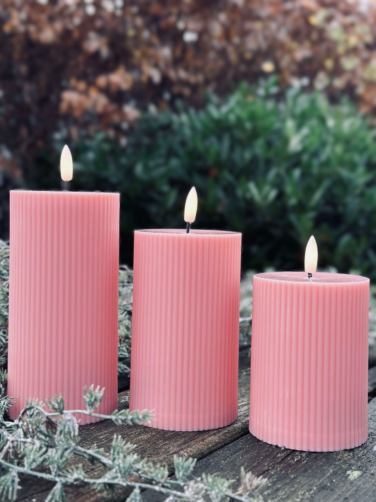 LED Außen-Blockkerzen mit Rillen - Set mit 3 Stk. - Rosa