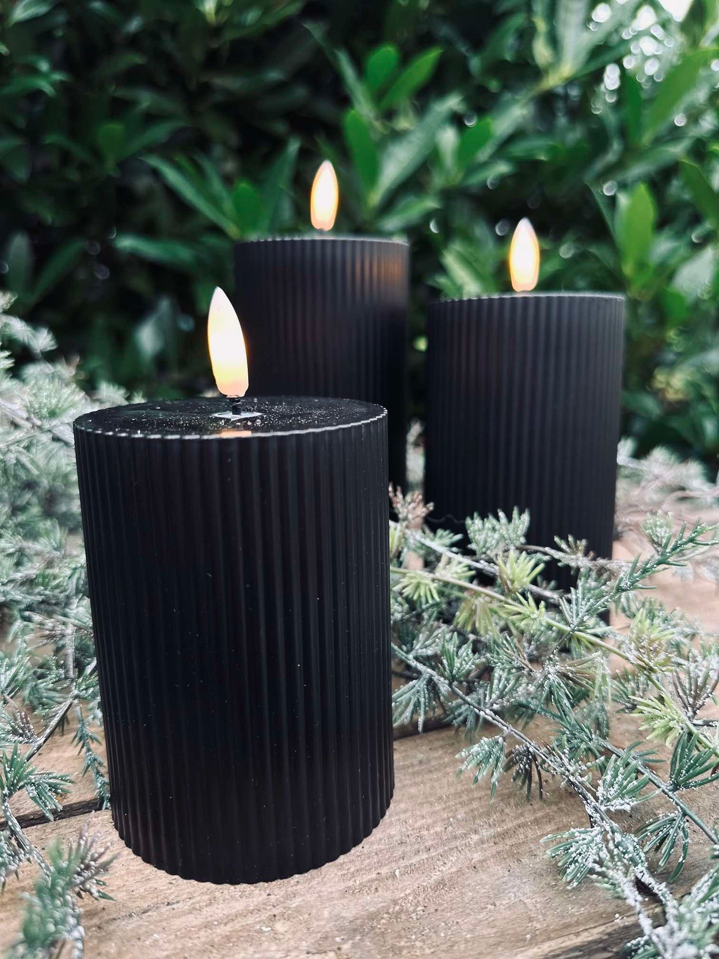 LED Outdoor-Blockkerzen mit Rillen - Set mit 3 Stk - Schwarz