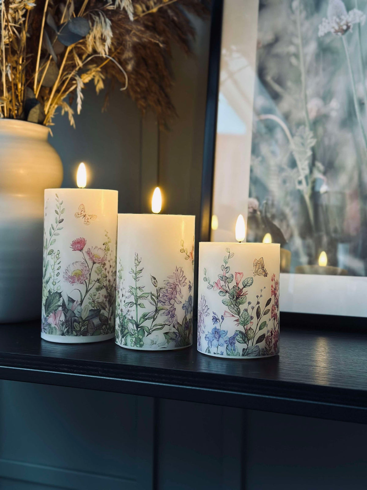 LED-Blockkerzen FLORA – Set mit 3 Stück und Fernbedienung