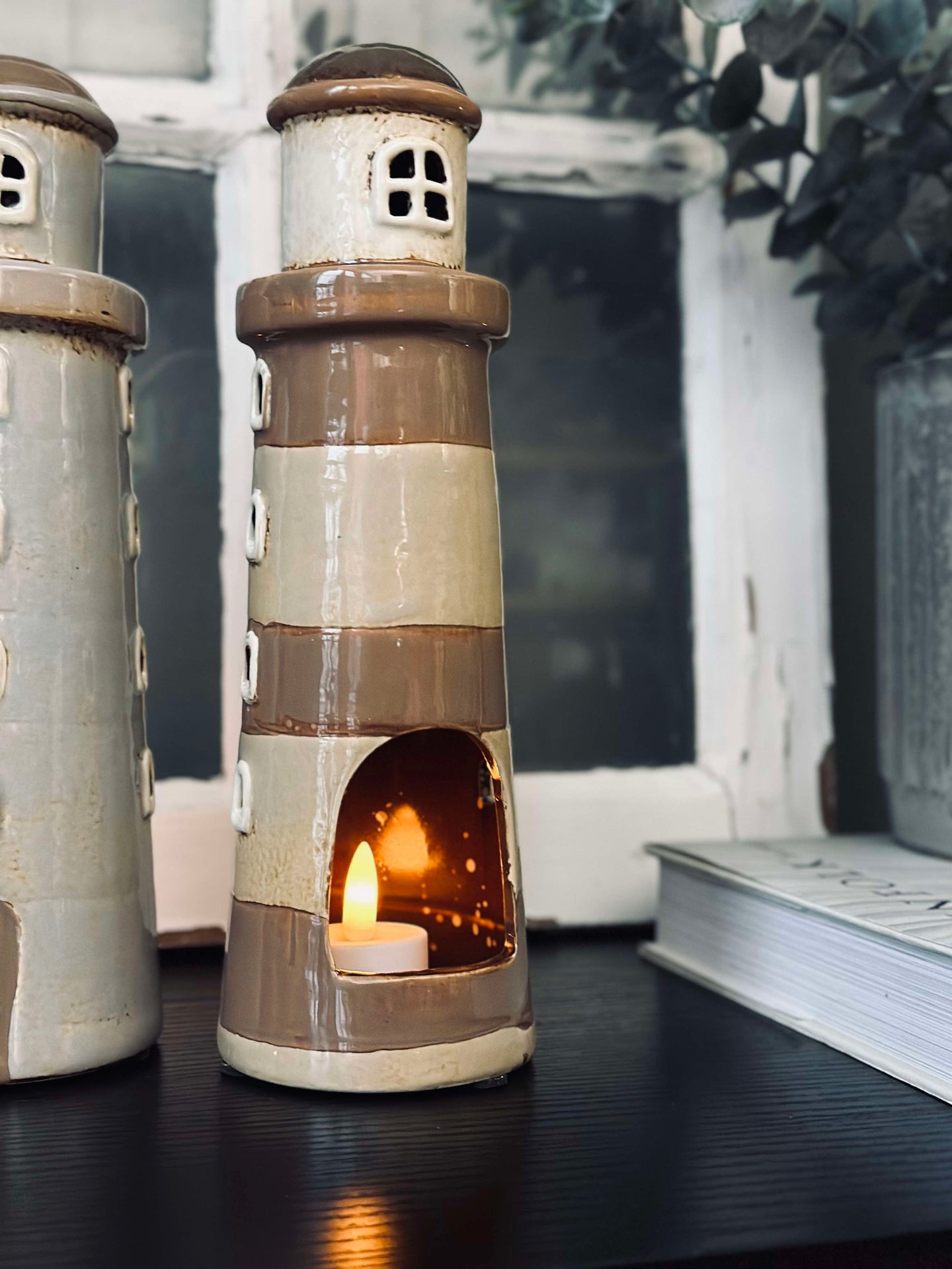 Lichthaus Keramik - Leuchtturm Beige gestreift