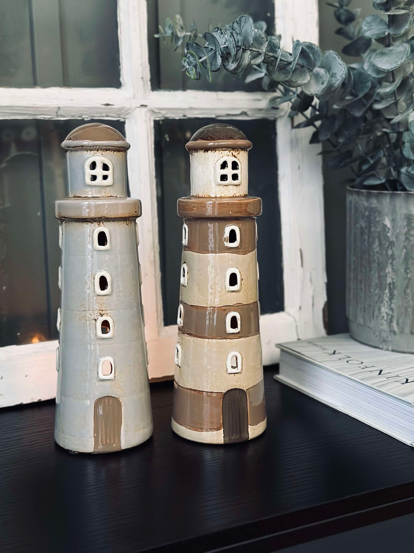 Lichthaus Keramik - Leuchtturm Beige gestreift