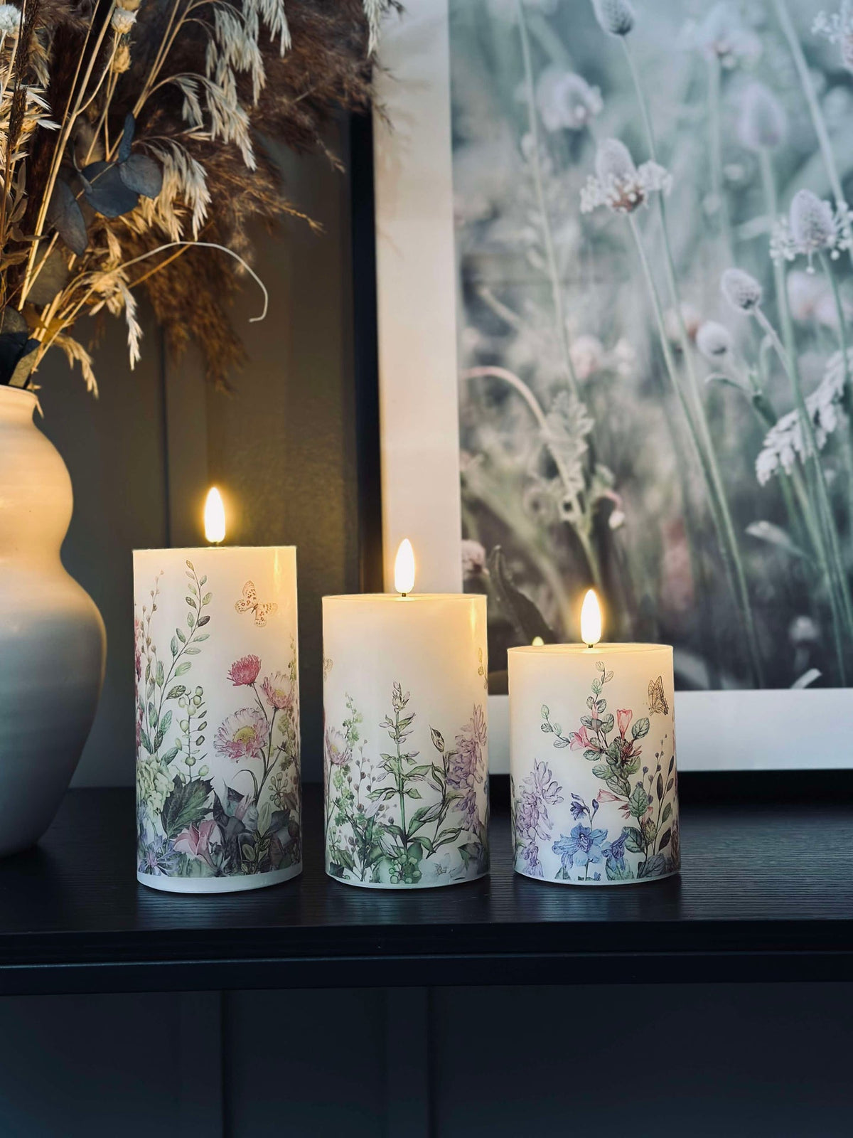 LED-Blockkerzen FLORA – Set mit 3 Stück und Fernbedienung