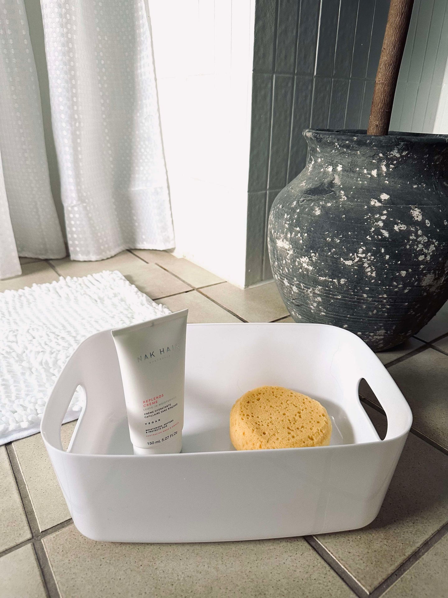 Badezimmer-Set: Duschvorhang & Badematte / Weiß