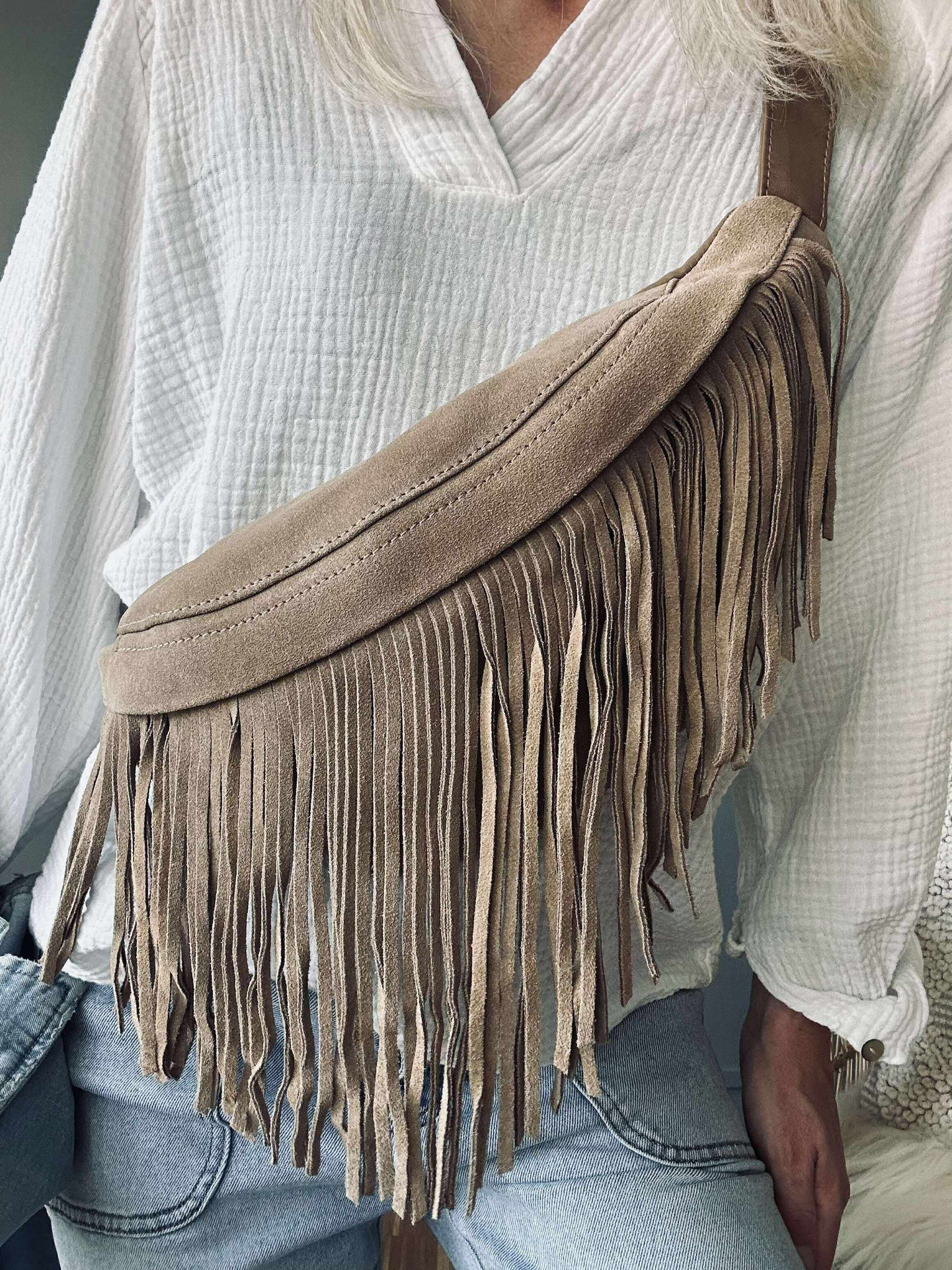 Gürteltasche mit Fransen - Sand