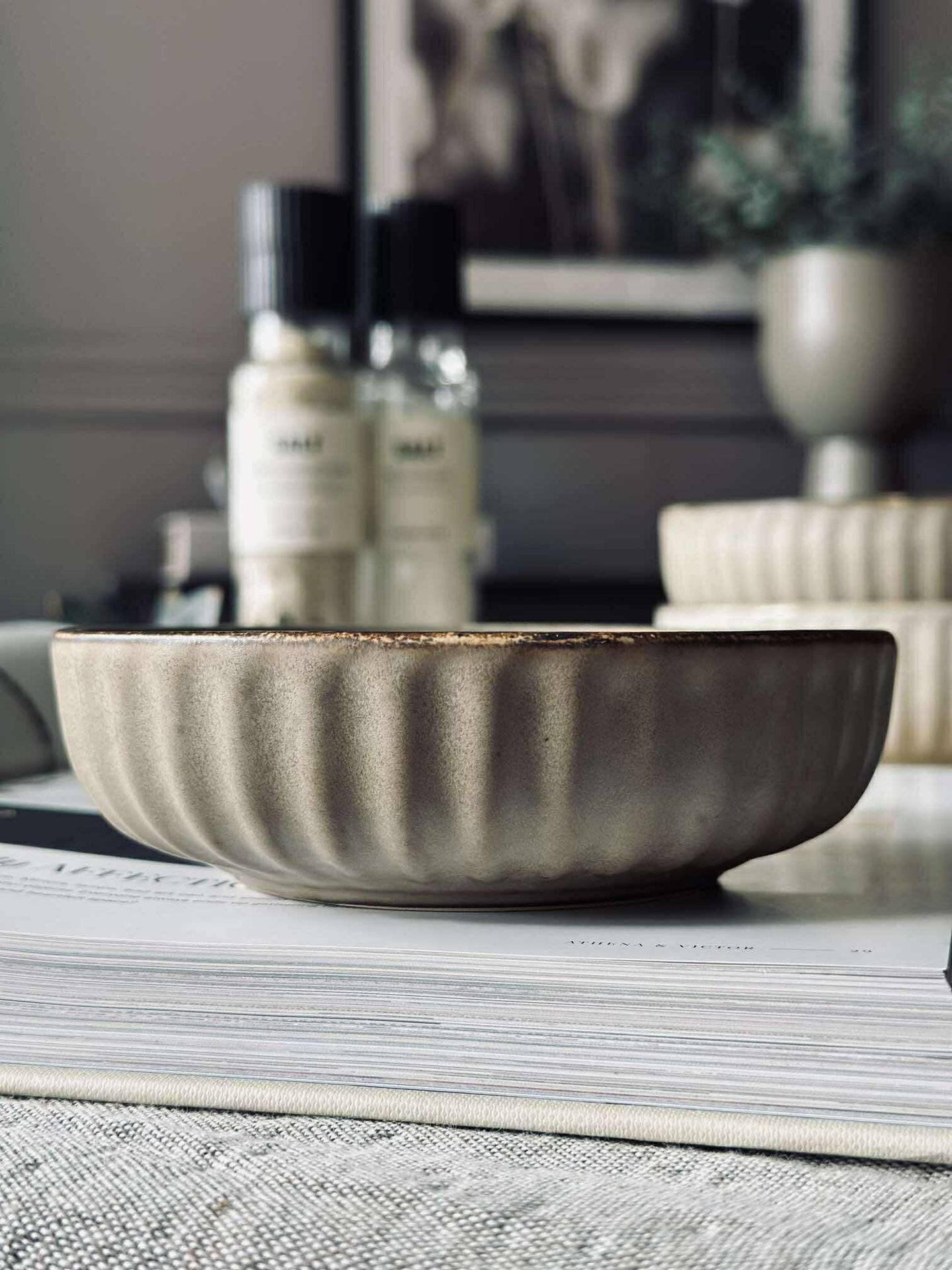 Schale VIGA gestreift Steingut - Mattbraun 12 cm