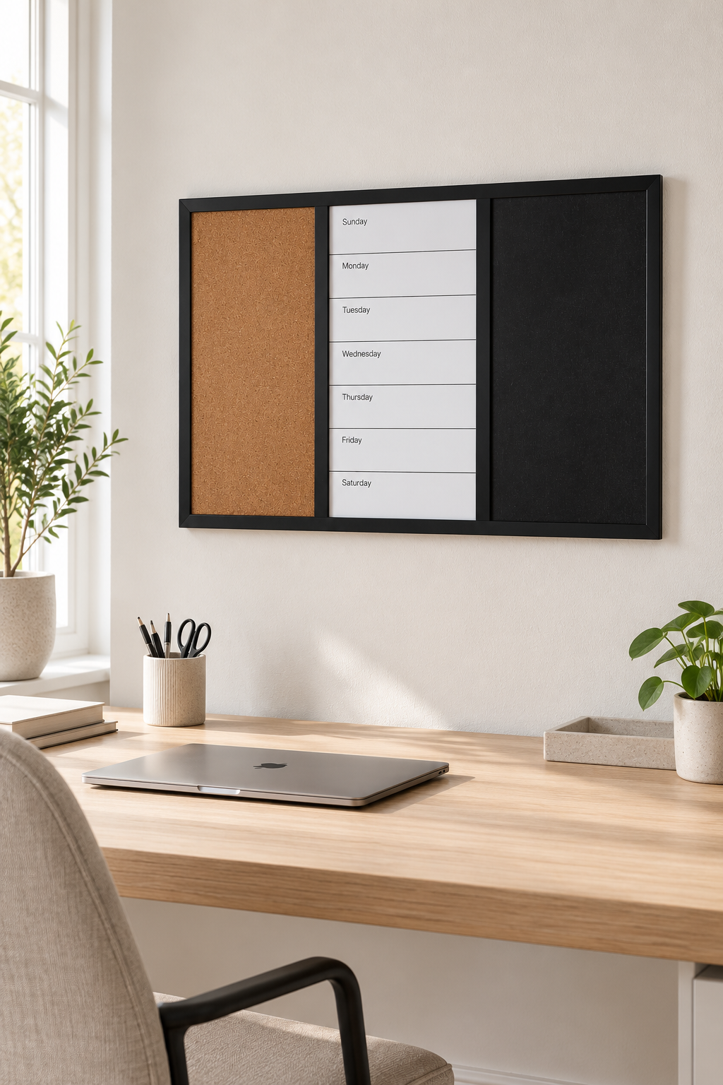 Tafel mit Wochenplan und Pinnwand – aus Kork