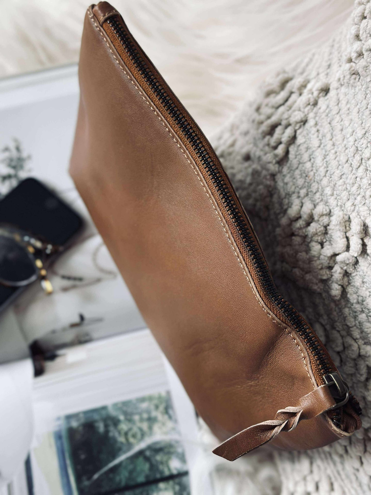 Kosmetiktasche / Clutch - Cognac-Leder