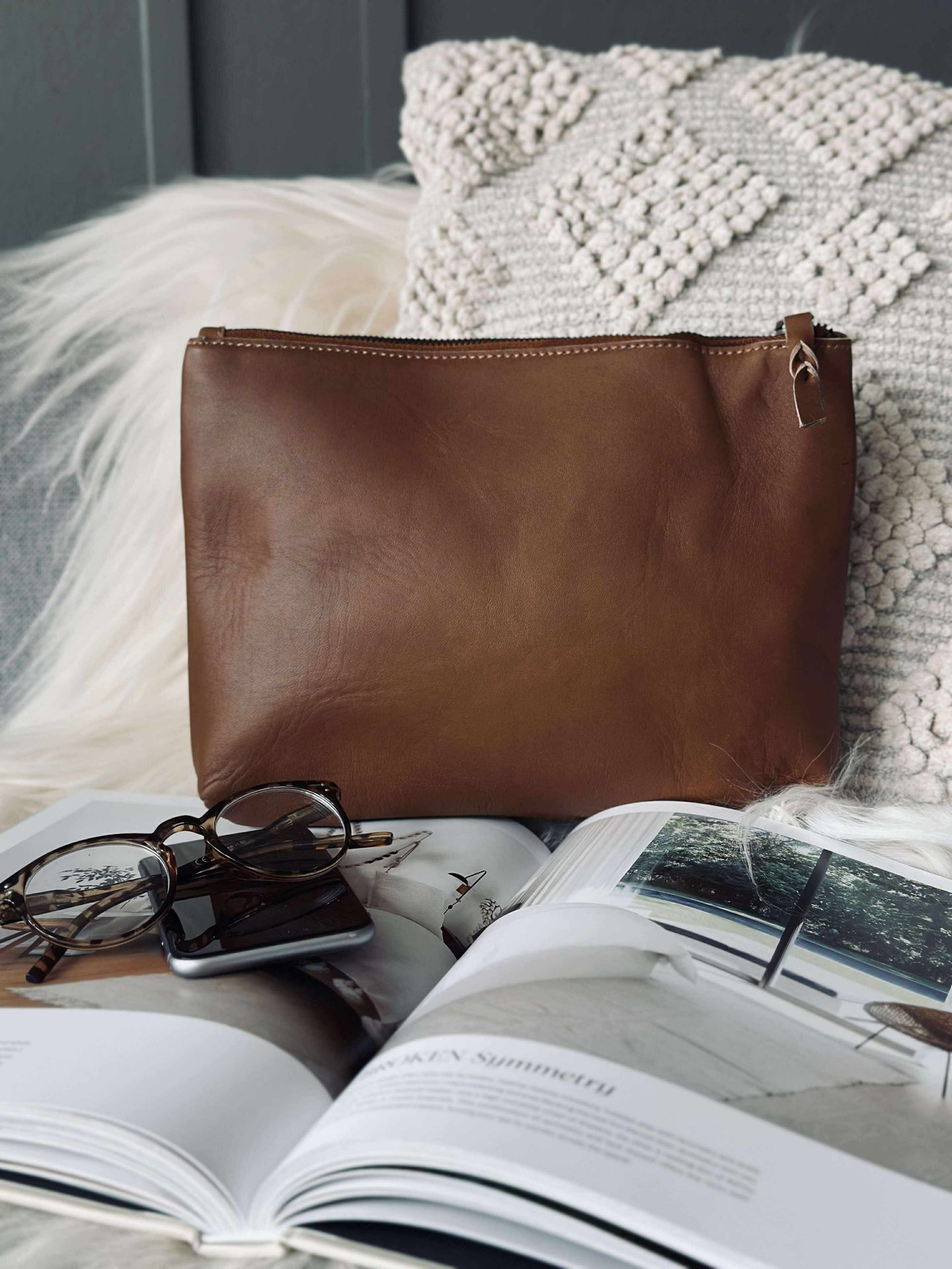 Kosmetiktasche / Clutch - Cognac-Leder