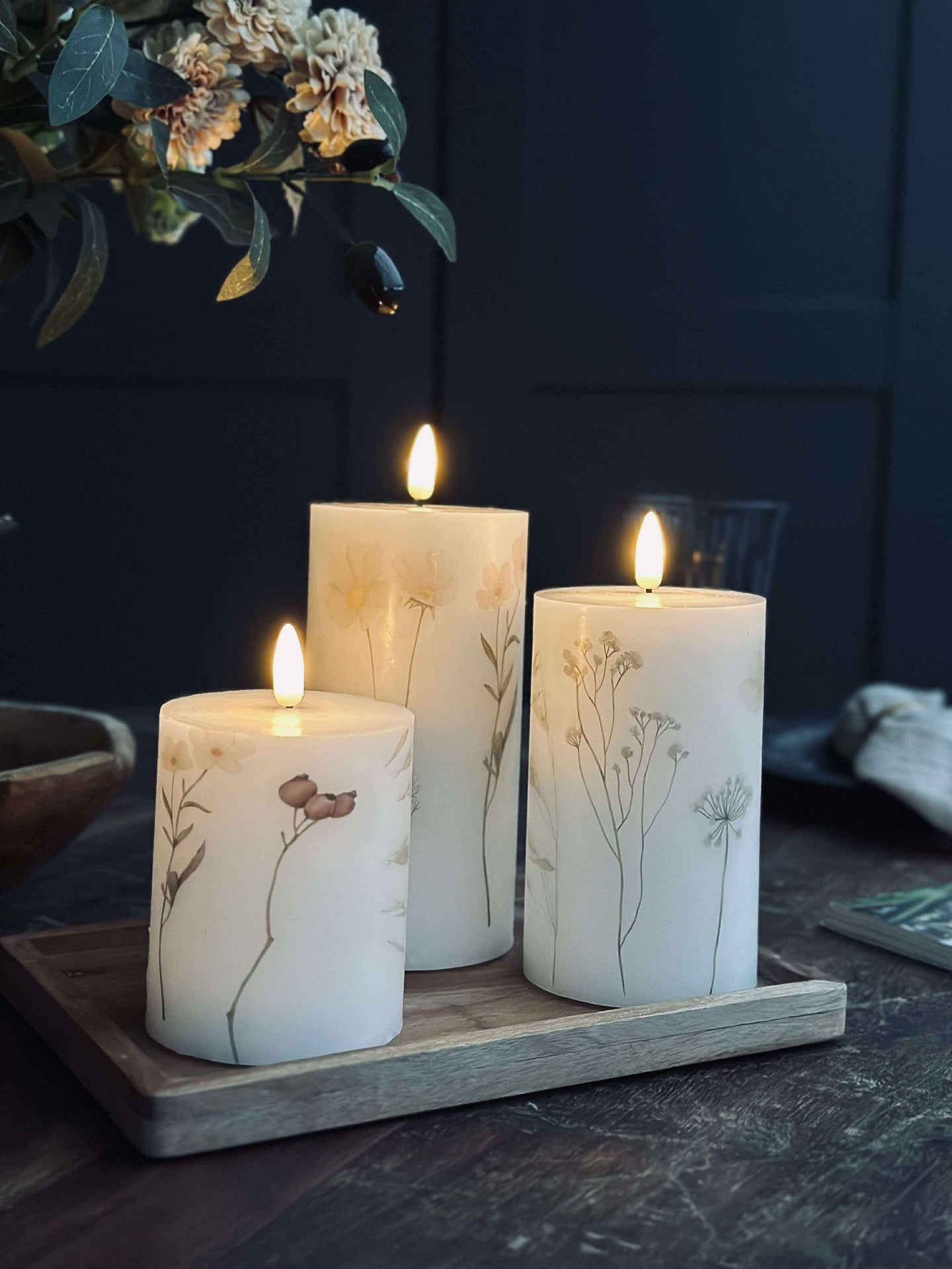 LED-Blockkerzen FLOWER – Set mit 3 Stk. und Fernbedienung