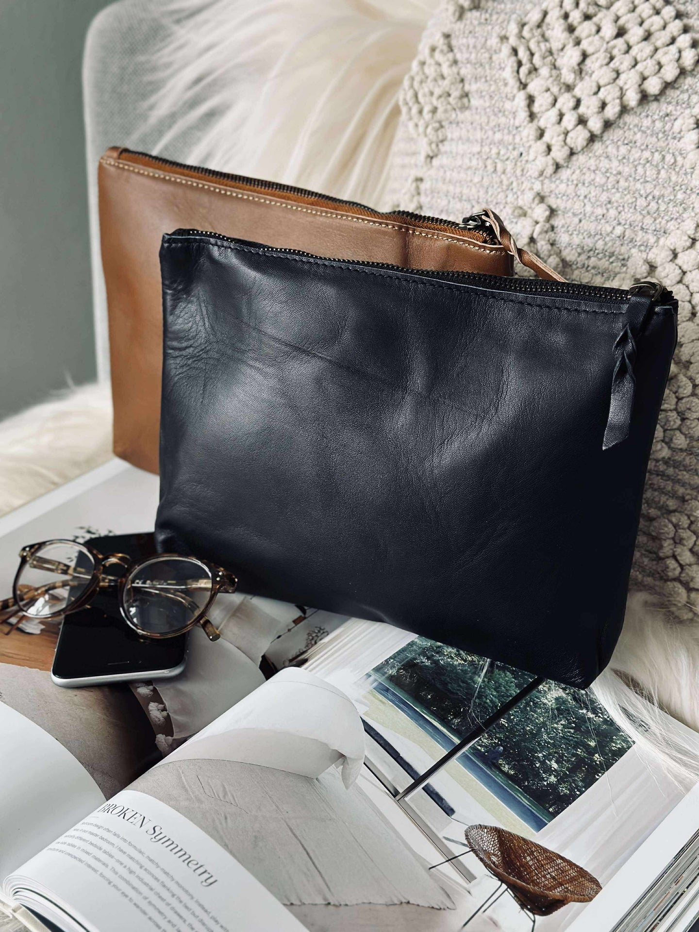 Kosmetiktasche / Clutch - Schwarzes Leder