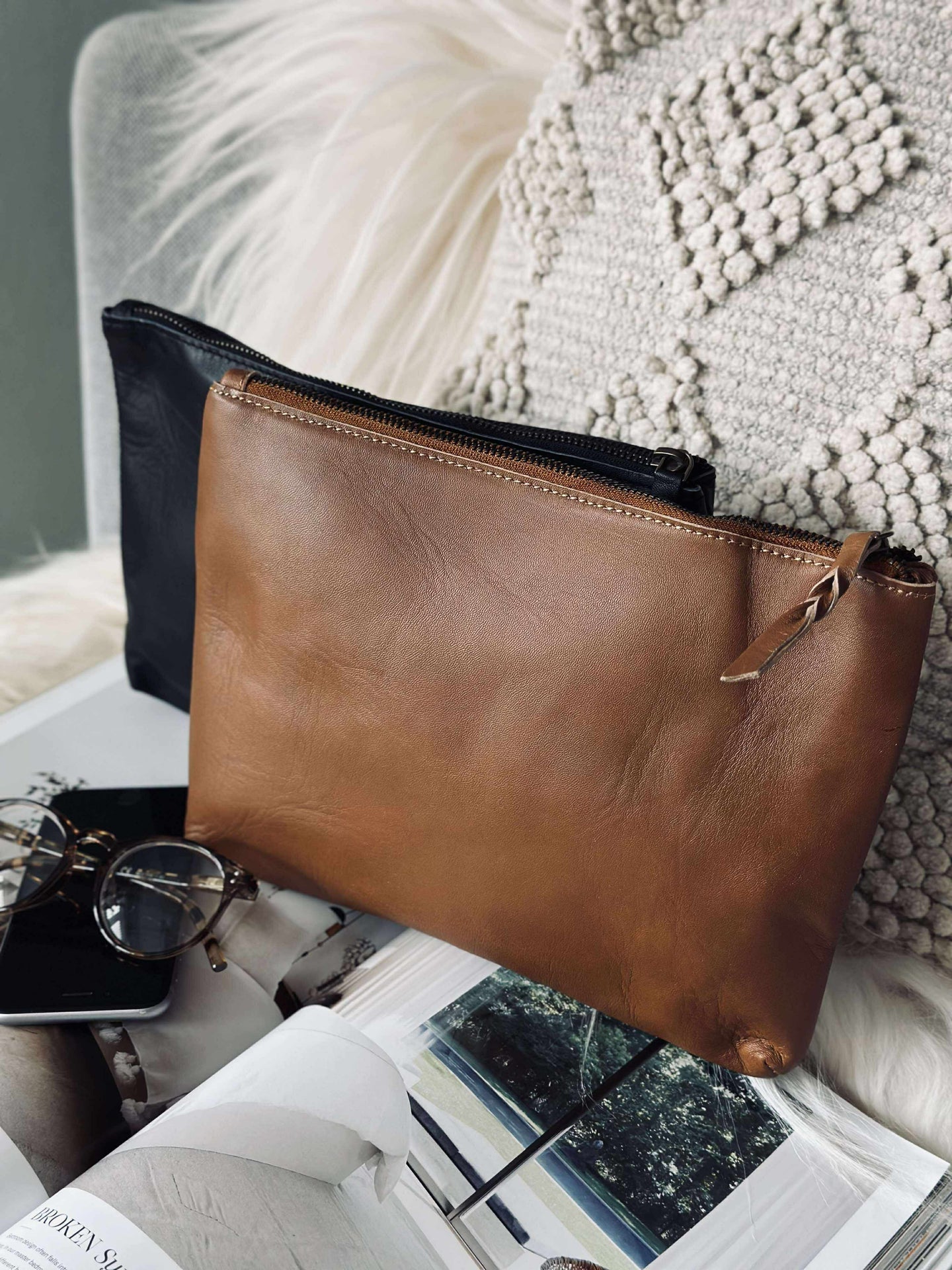 Kosmetiktasche / Clutch - Cognac-Leder