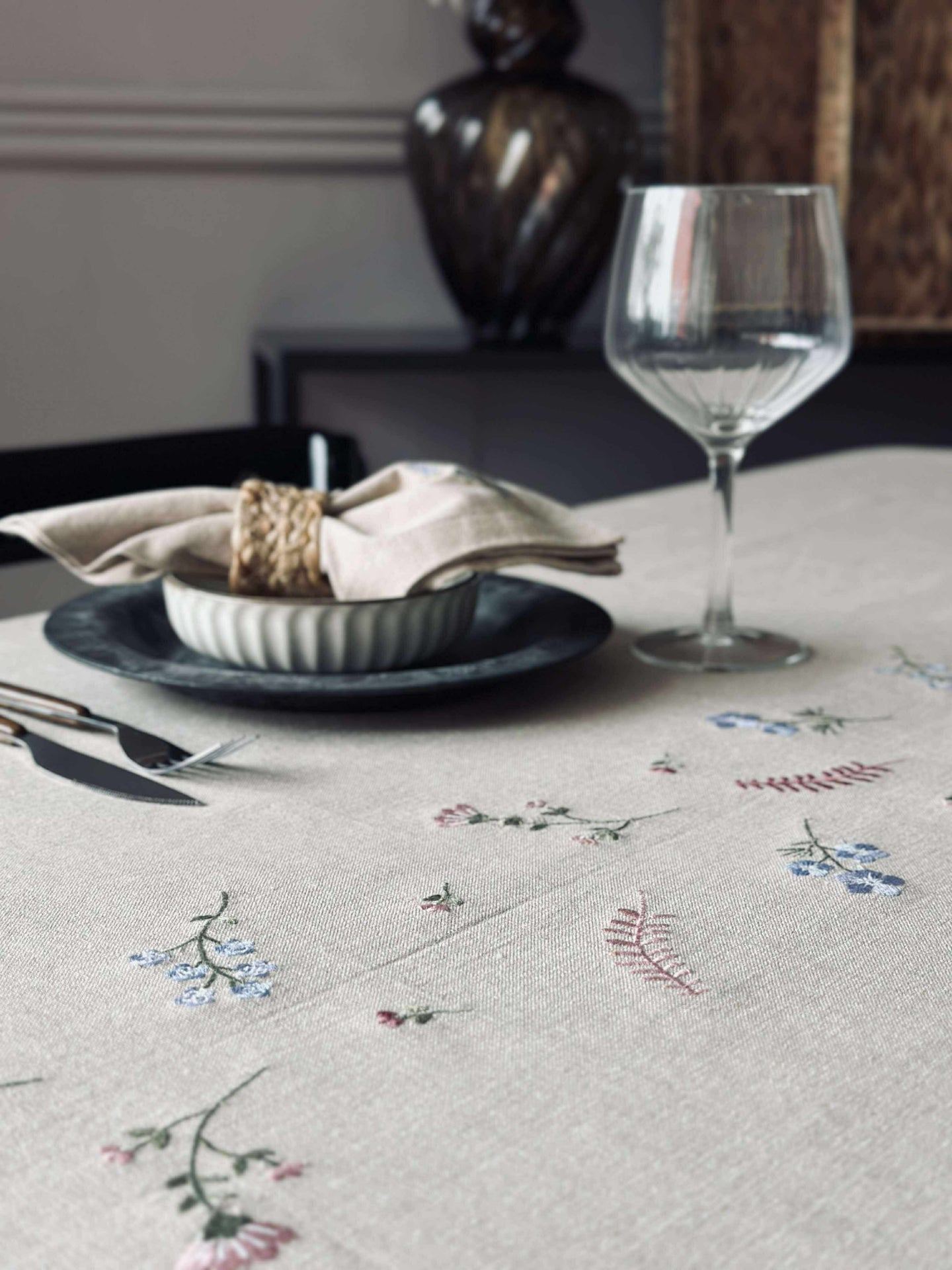 Tischdecke Flower-Stickerei - Leinen-Look