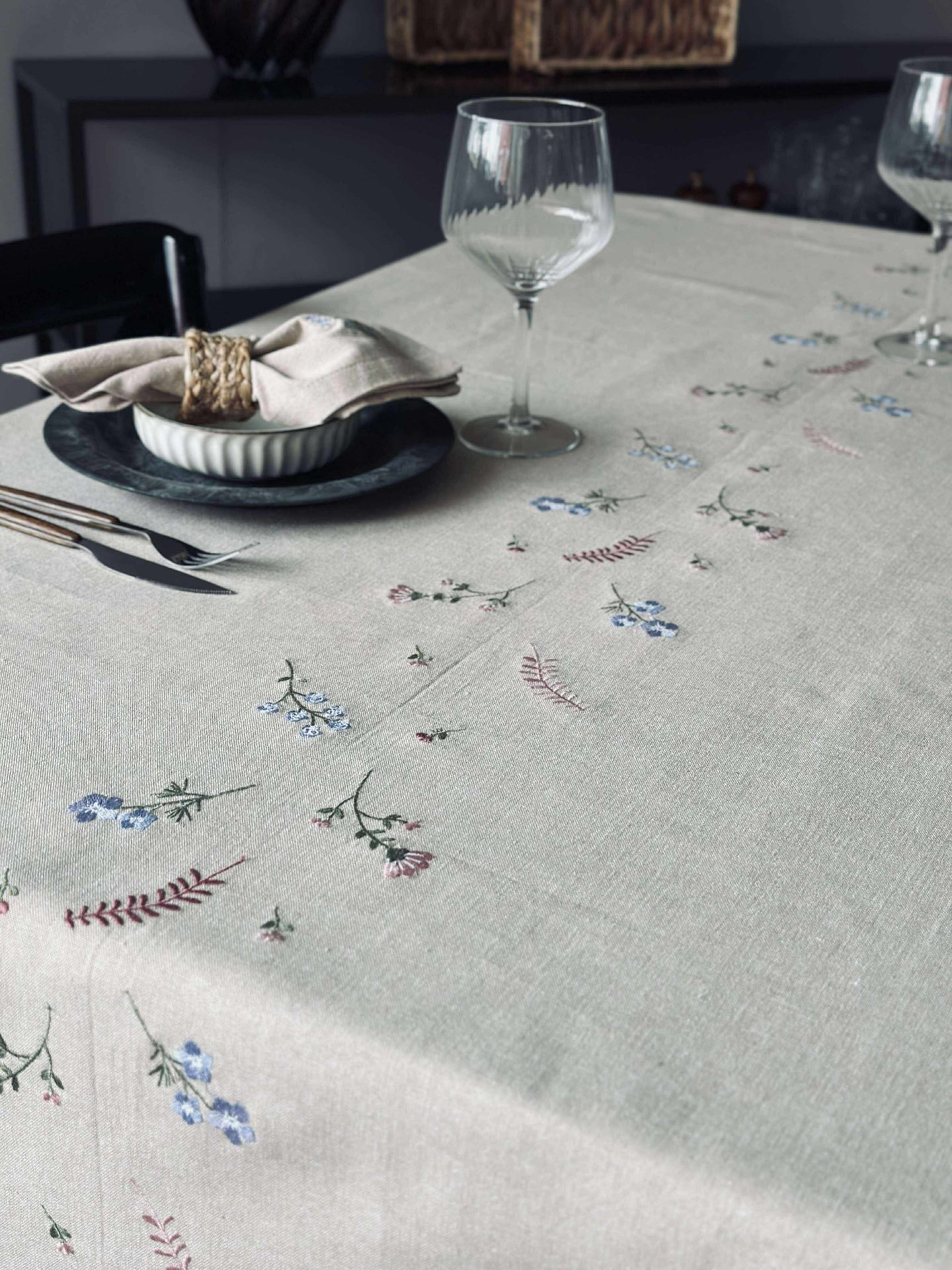 Tischdecke Flower-Stickerei - Leinen-Look