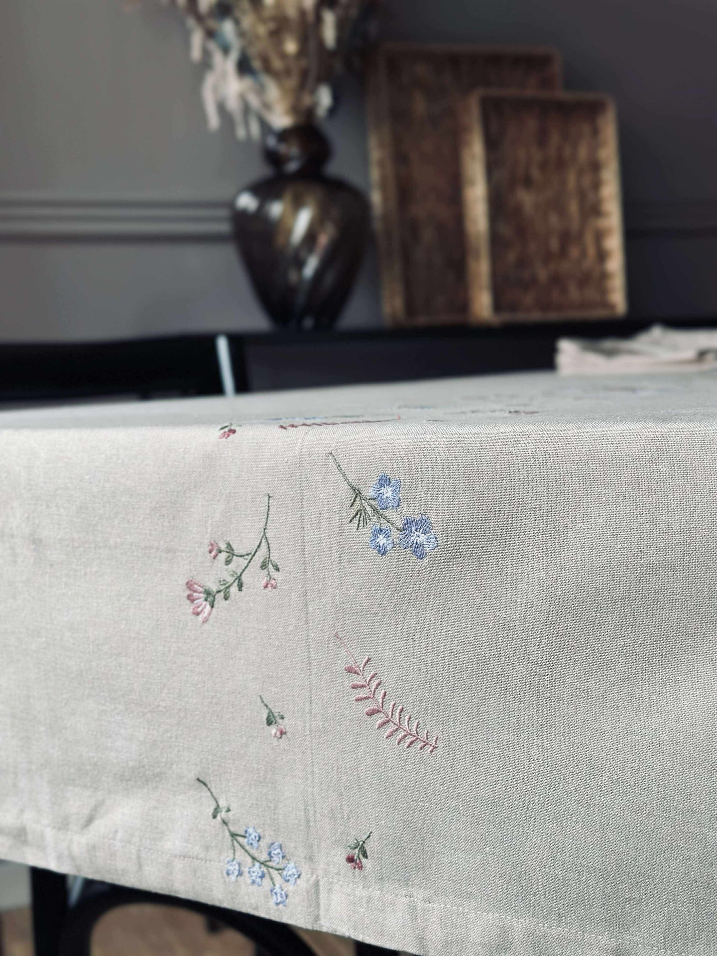 Tischdecke Flower-Stickerei - Leinen-Look
