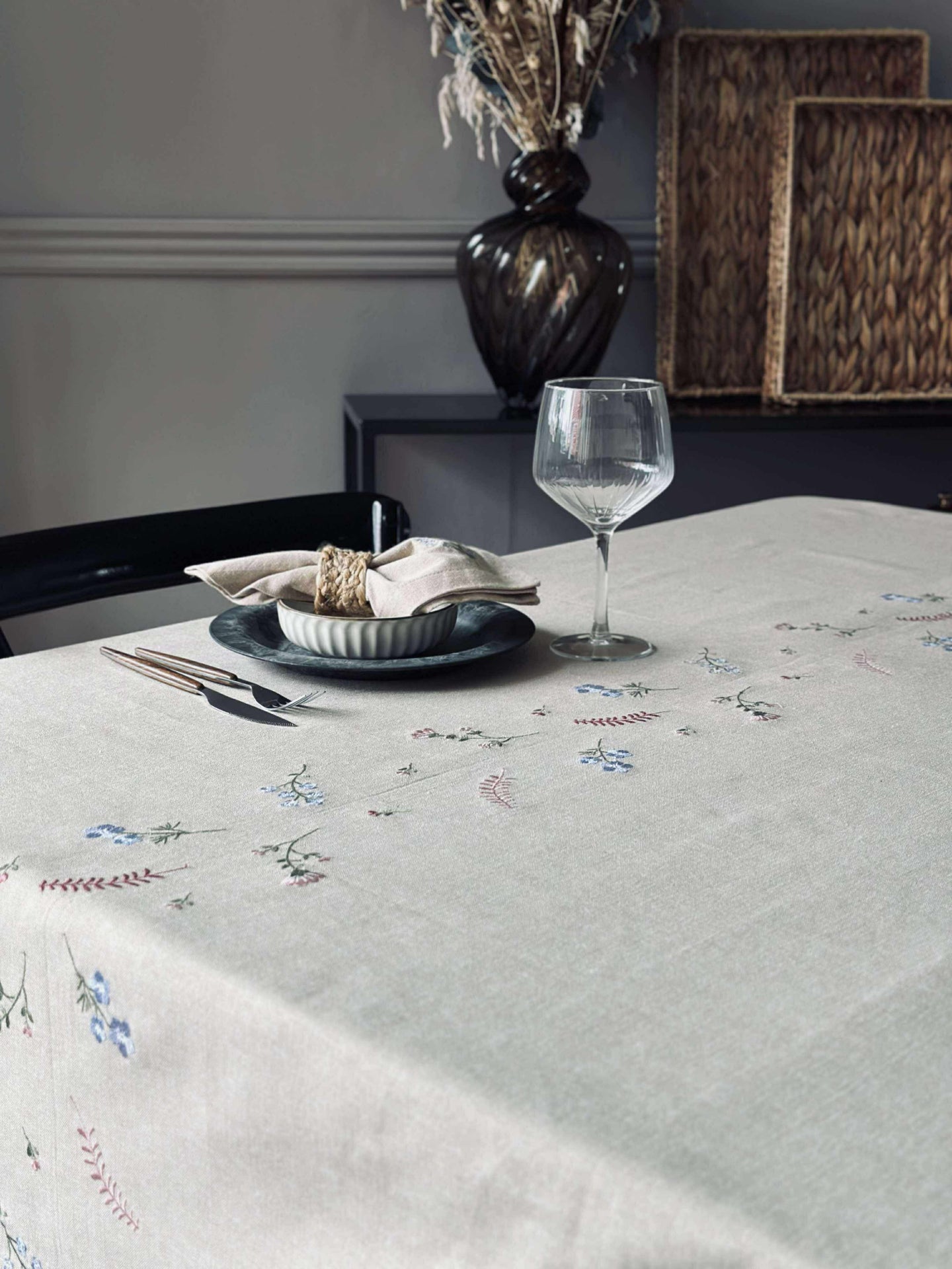 Tischdecke Flower-Stickerei - Leinen-Look