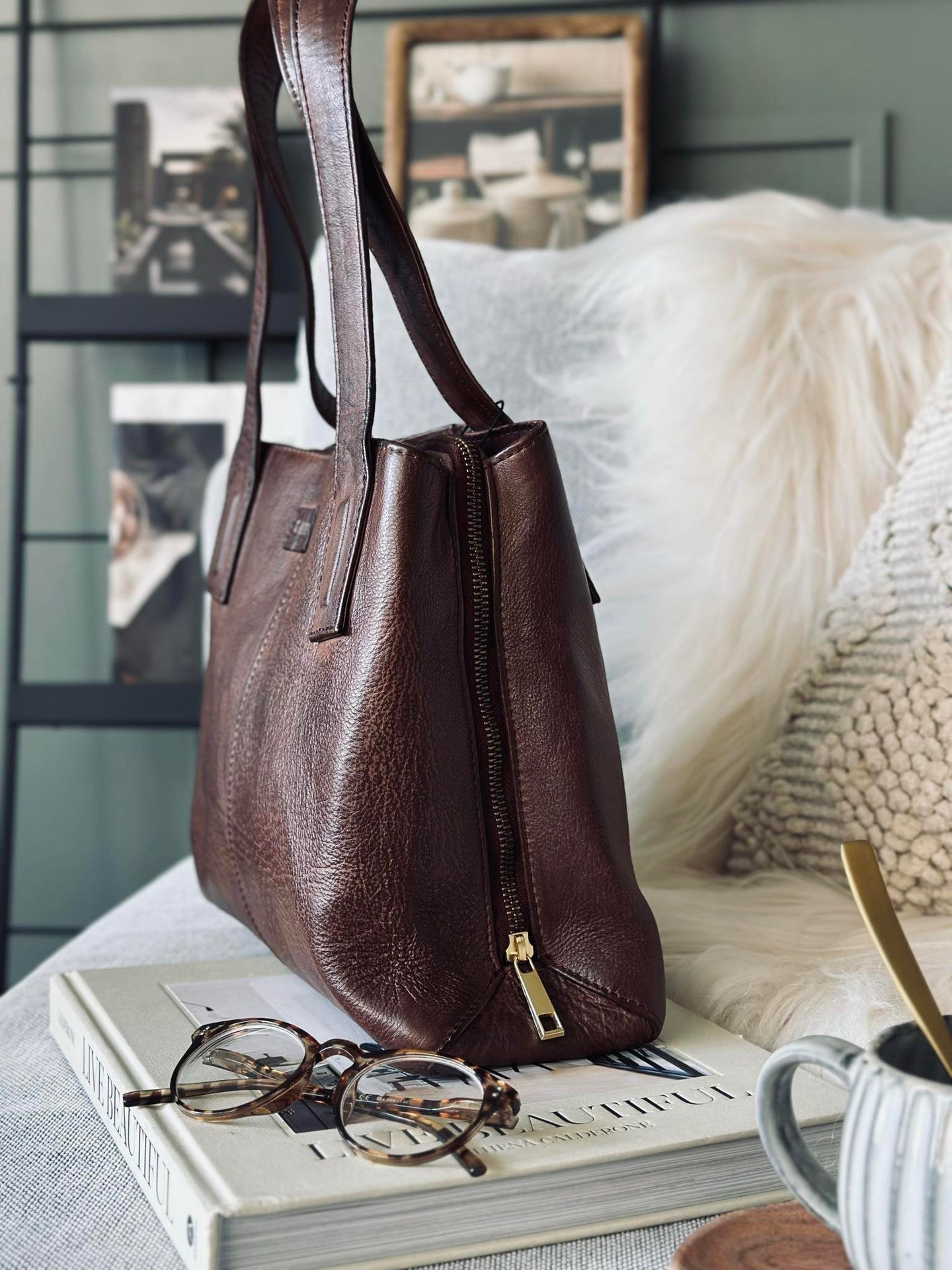 Schultertasche - Brandy leather