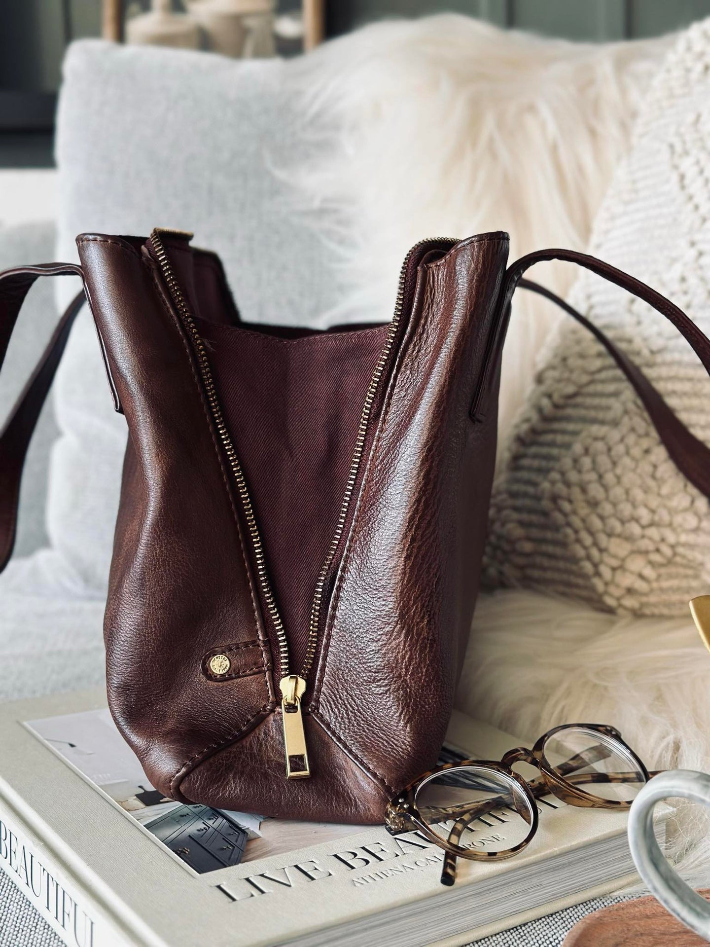 Schultertasche - Brandy leather