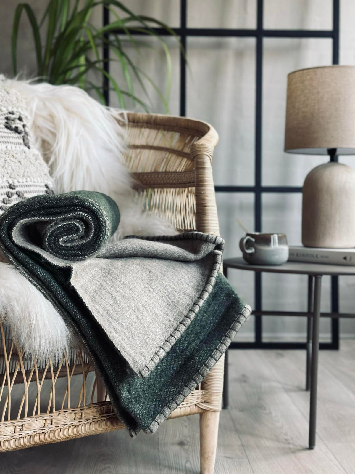 Plaid 100 % Wolle - Grau / Oliv