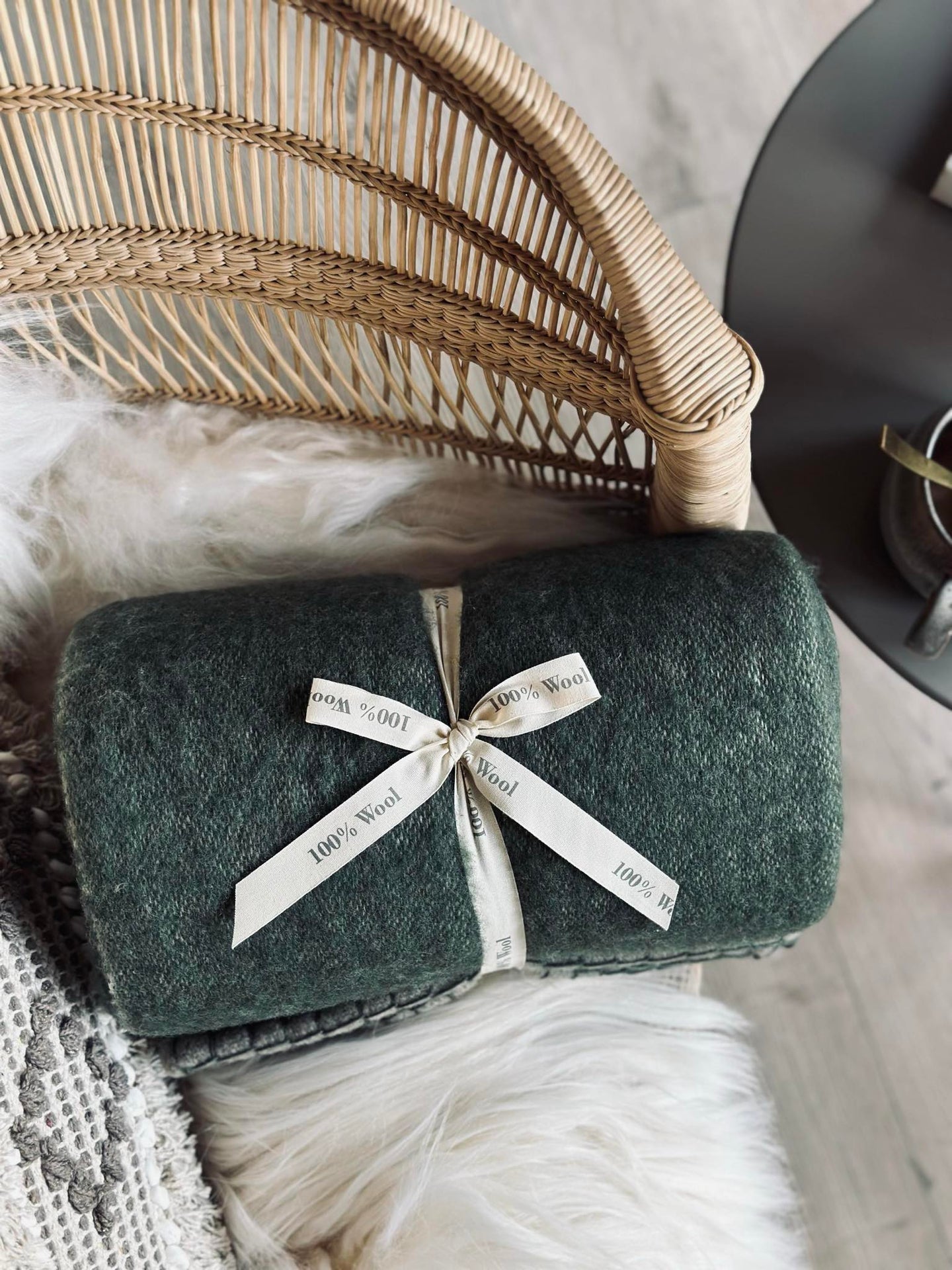 Plaid 100 % Wolle - Grau / Oliv