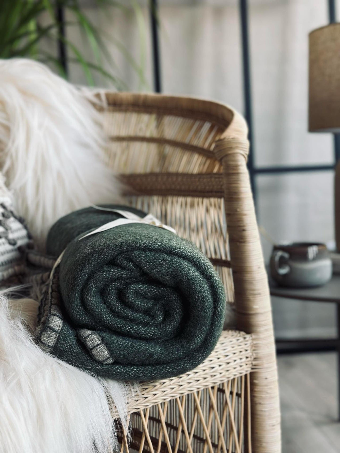 Plaid 100 % Wolle - Grau / Oliv