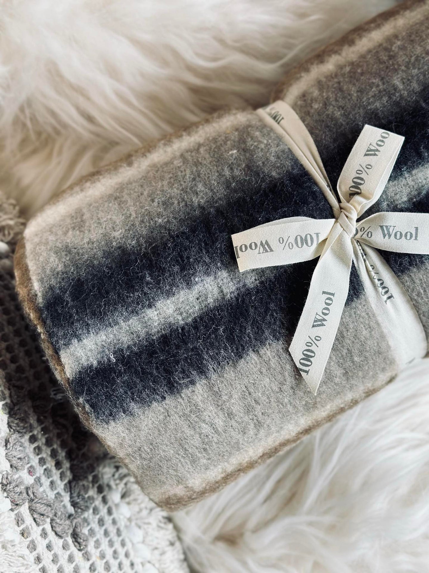 Plaid 100 % Wolle - Taupe-Streifen