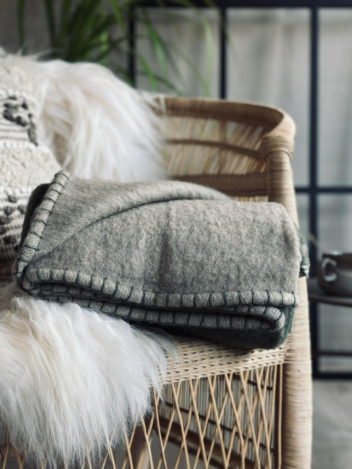 Plaid 100 % Wolle - Grau / Oliv
