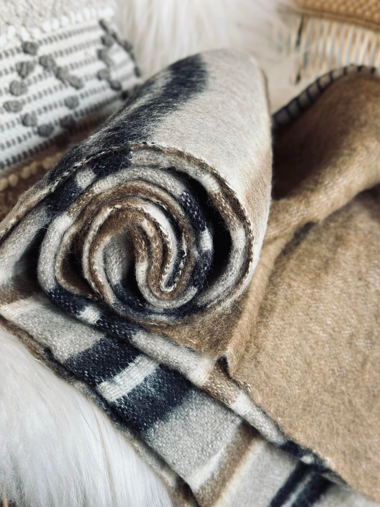 Plaid 100 % Wolle - Taupe-Streifen