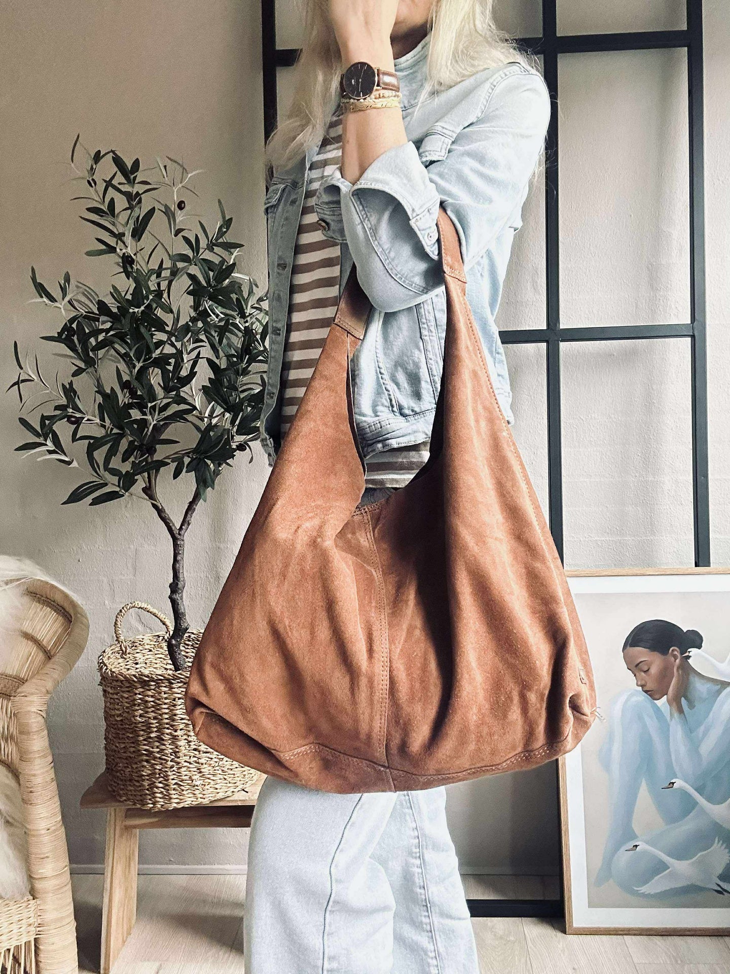 Shopper aus weichem Wildleder - Cognac